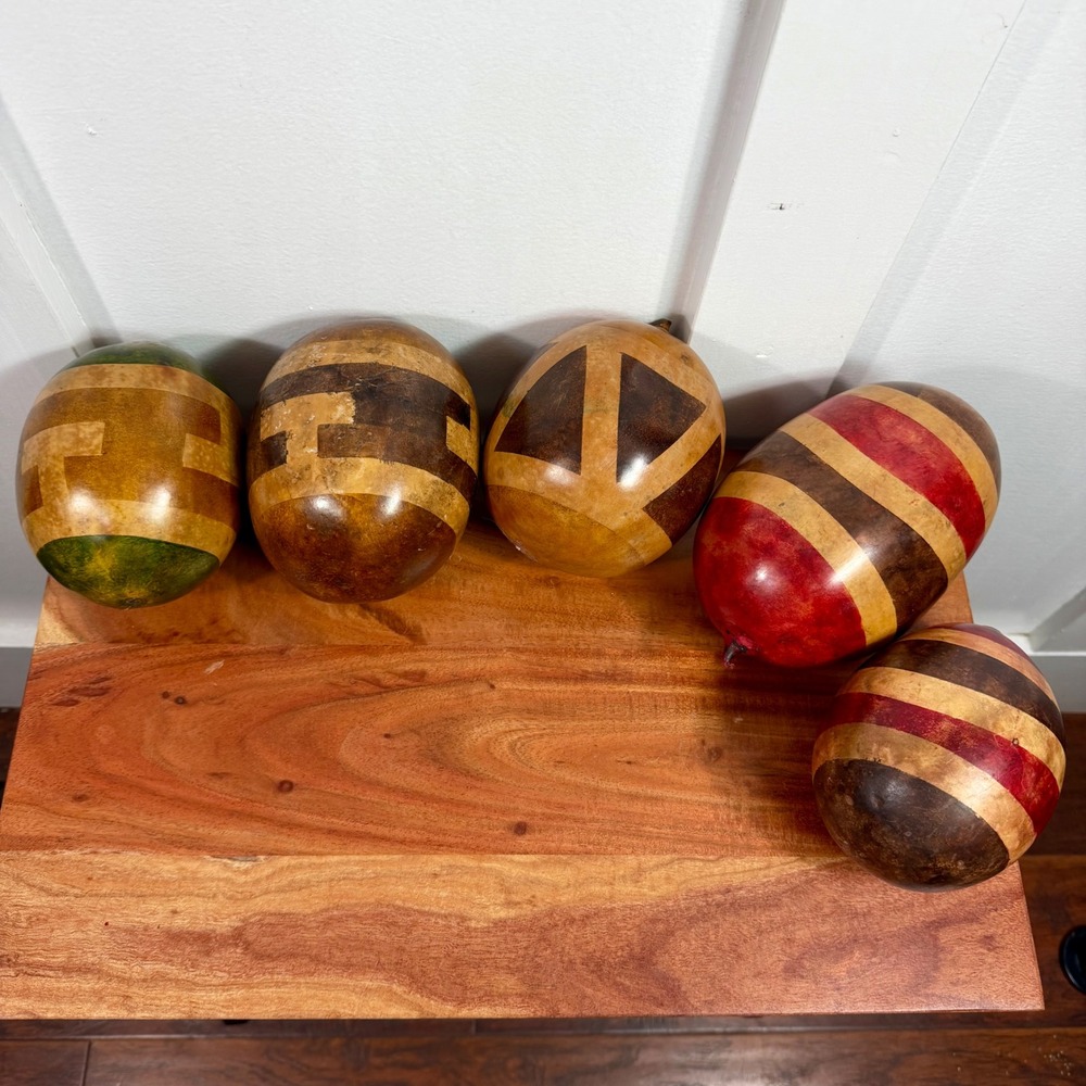 5pc Decorative Hollow Gourds Shakers - Browns Black Green and Red Handcrafted
